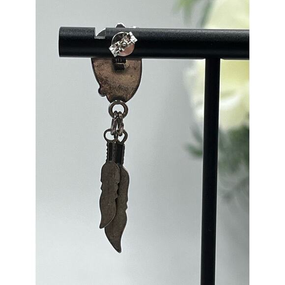 FM Fred Maloney Vintage Native American Onyx Sterling Silver Feather Earrings - Picture 6 of 13